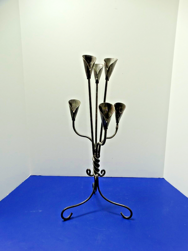 Candelabro artigianale in ferro battuto a mano da studio Twist & Lily 6 portacandele ~19"H - Foto 6 di 16