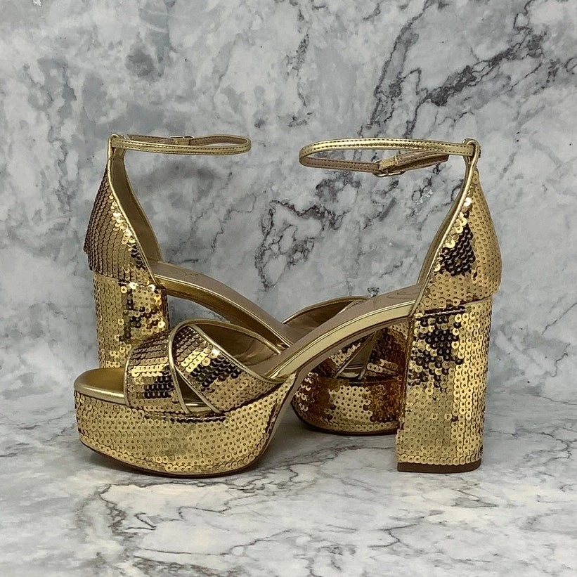 Sam Edelman Para Mujer 8.5M Lentejuelas Doradas Jullian 2 Plataforma Tacones Correa para el Tobillo BR19-7 Foto 4 de 4