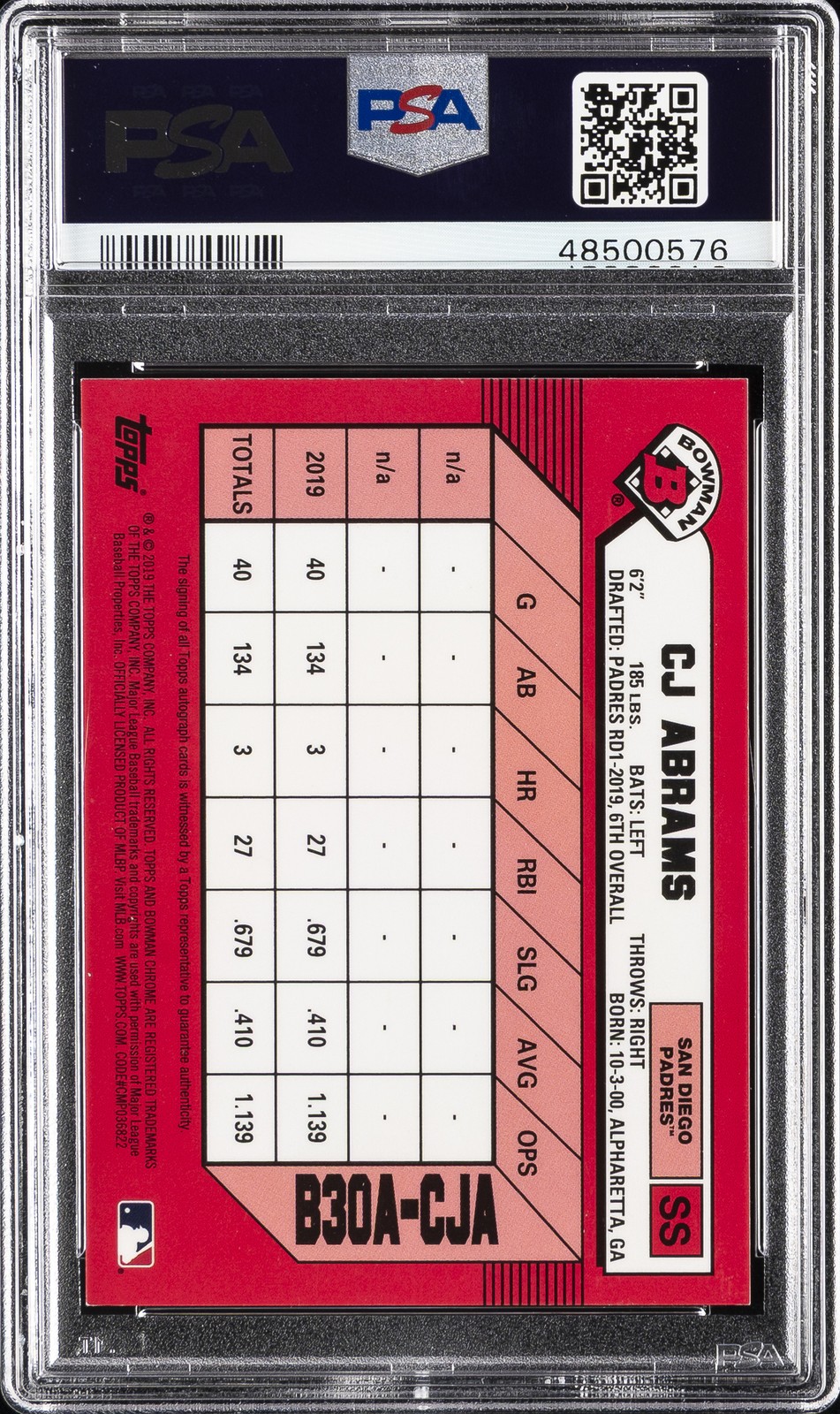 2019 BOWMAN DRAFT CHROME 30TH ANNIVERSARY AUTO ORANGE REF CJ ABRAMS #/25 PSA 9 view 2