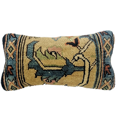 Nolpt Kilim Design Turkish Rug Lumbar Pillow 16 X 9 Wool Velvet Leaf Tan Blue