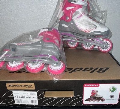 Bladerunner Phoenix G Inline Skates Youth 5-8 White Fuchsia NEW Adjustable 72mm