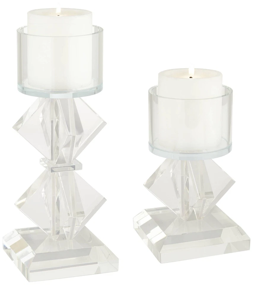Ellie Diamond Stack Glass Pillar Candle Holders Set of 2 - Image 2 of 4