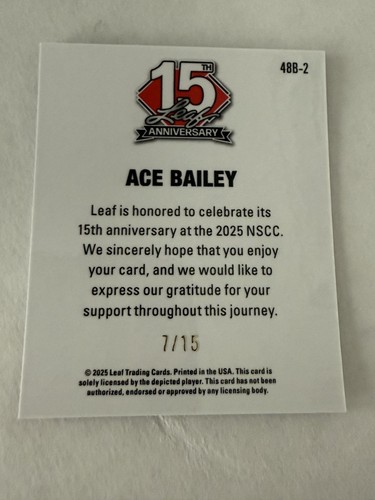 ACE BAILEY 2025 Leaf 15th National NSCC Anniversary 1948 #48B-2 #'d 7/15 - Picture 2 of 3