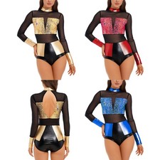 Women Leotard Patchwork Bodysuit Outfit One-piece Raves Jumpsuit Glossy Rompers