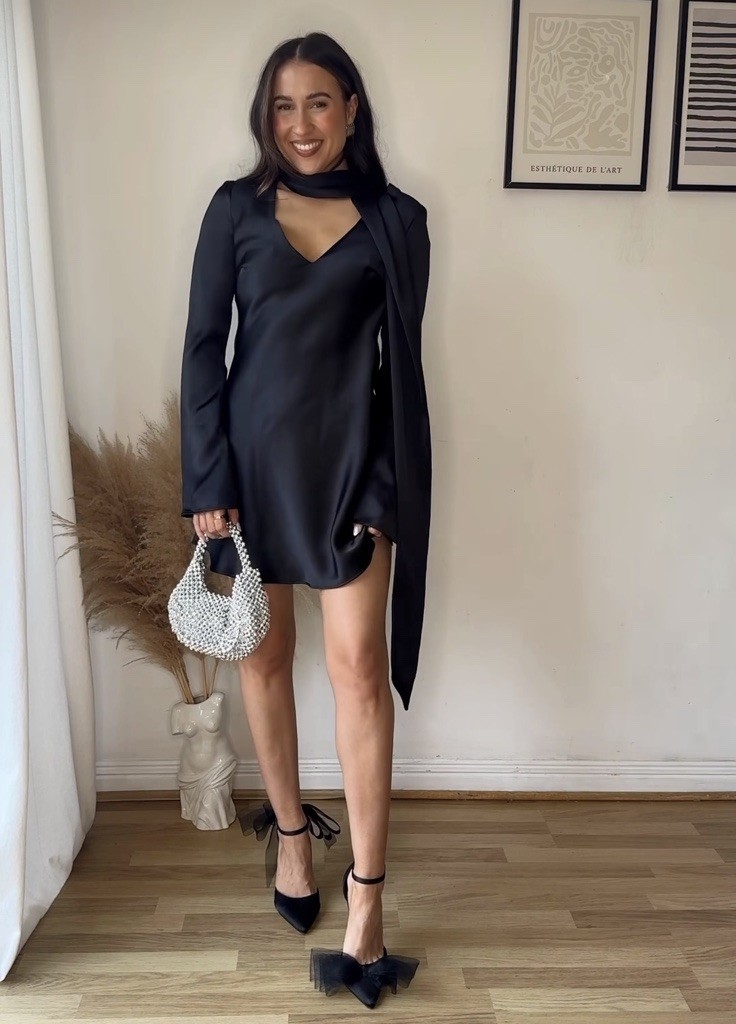 ZARA NWT WOMAN SS25 SATIN EFFECT SCARF MINI DRESS BLACK | 9234/331