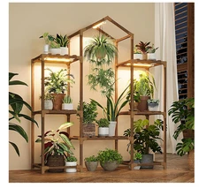 Bamworld Indoor Plant Stand with Grow Lights Wood Shelf for Pots & Flower Decor