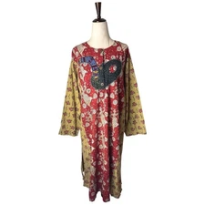 Market Place Dress Women Medium Red Batik Cotton Abstract Embroidered Midi Boho