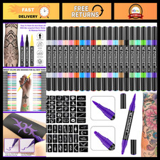 Temporary Tattoo Markers Set - 24 Skin Markers 67 Stencils, Dual-End Pens, Saf