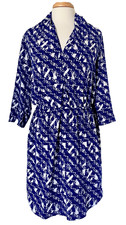 NWT Renee C. Blue White Print V-Neck Shirt Dress Long Sleeve Knee-Length L