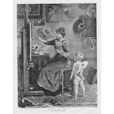 FINE ART Amor im Atelier aus dem Bild von L Knaus - antiker Druck 1892