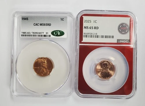 1945 Lincoln Wheat Cent CAC MS65 RD & 2025 Lincoln Shield Cent NGC MS65 RD