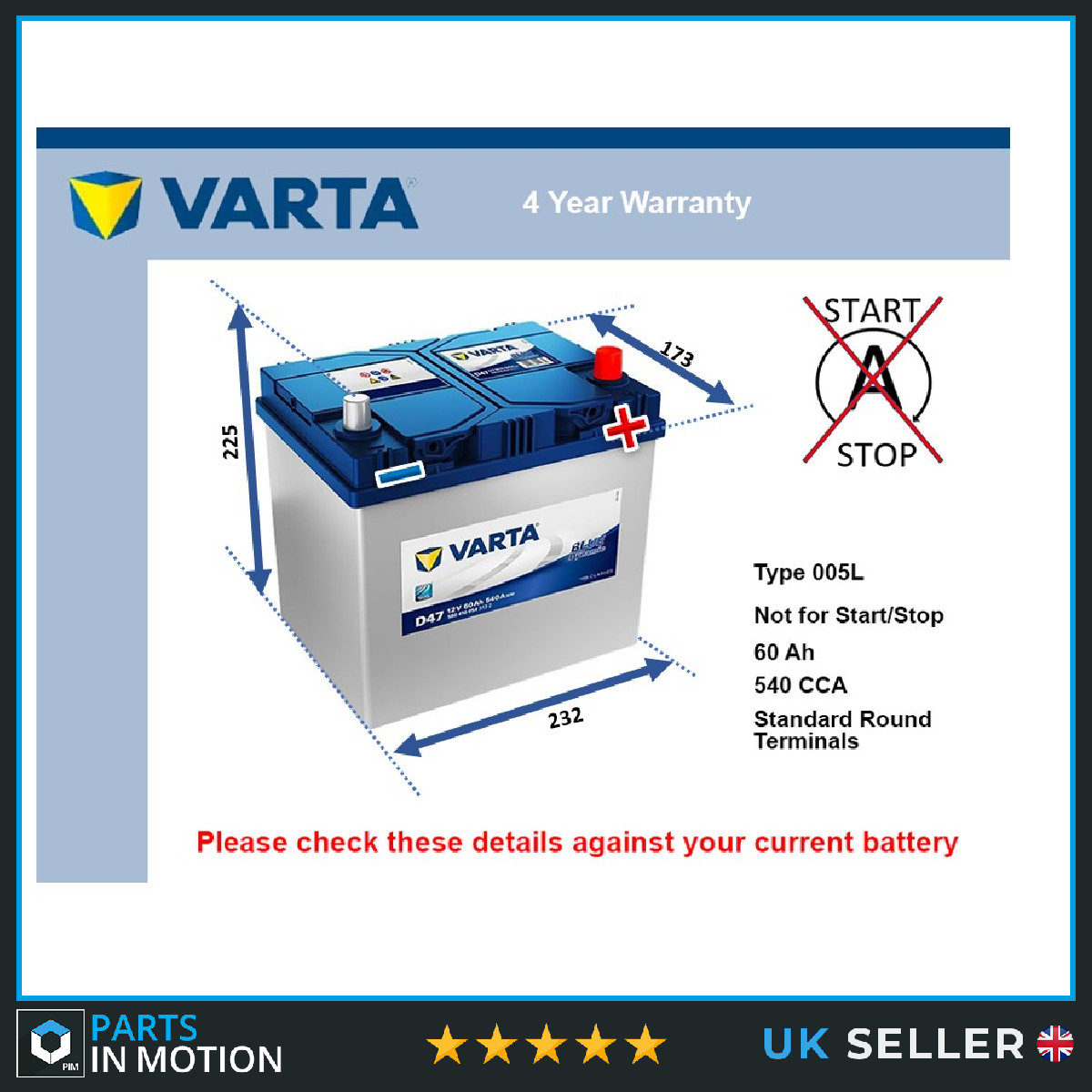 Battery fits DAEWOO CIELO TOSCA LEMANS PRINCE 1.5 1.6 2.0 1990 on Varta 005L New