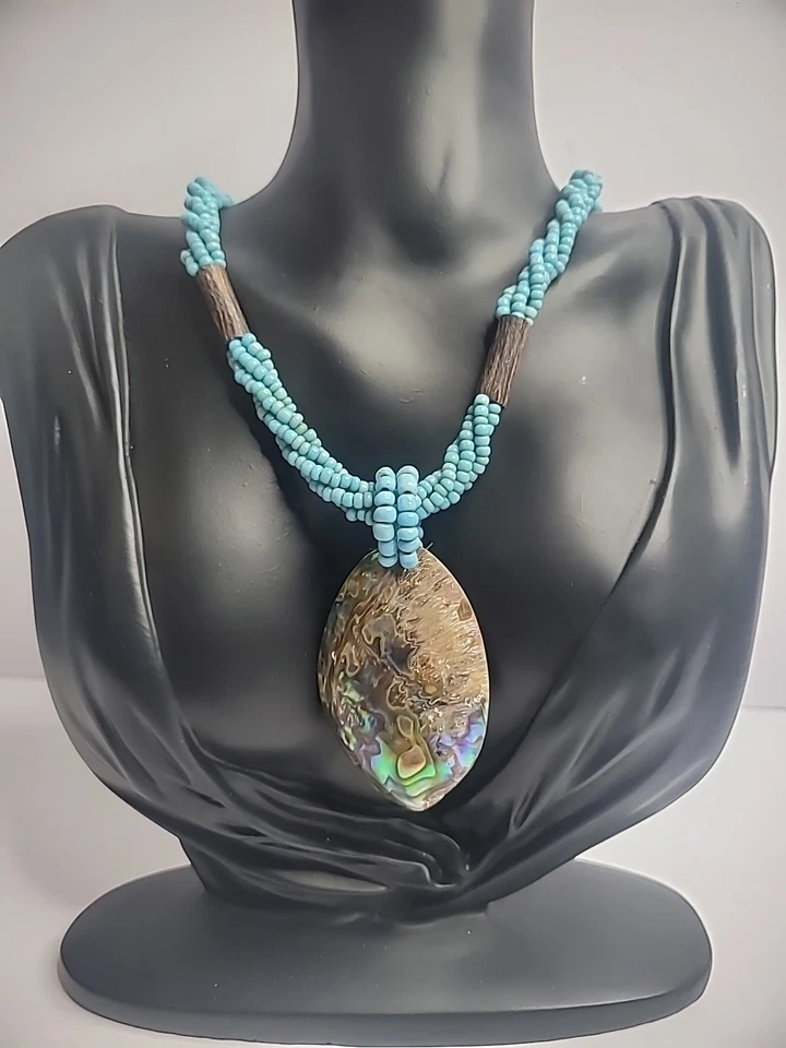 Collar Vintage Azul Cuentas Madreperla Abulón Colgante Palanca Joyería Foto 2 de 4