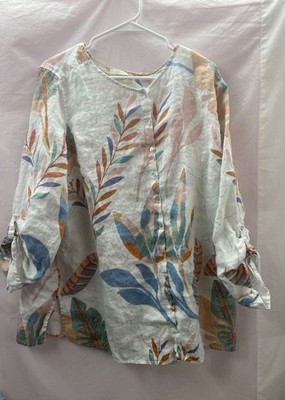 Cynthia Rowley Women's 2X White Button Up Roll Tap Sleeve Tunic 100% Linen
