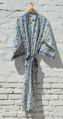 100% TARRIF FREE 0% CHARGE Hand Block Print Long Kimono 100% Cotton Dress KM-54*