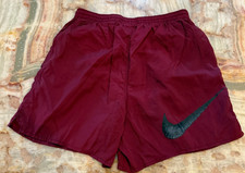 Vintage Nike Mens Swim Shorts Burgundy Mesh Liner Swoosh Logo Elastic Waist L