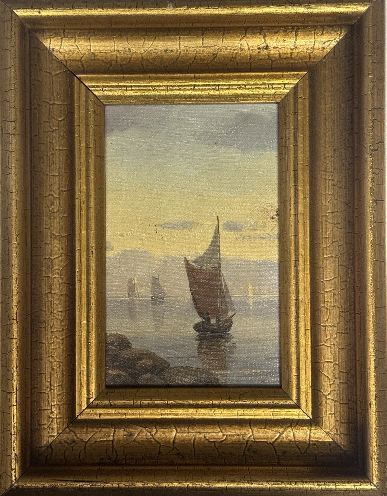 Framed Oil Painting On Canvas: Quite Moment - Sailing Ships In Evening Light