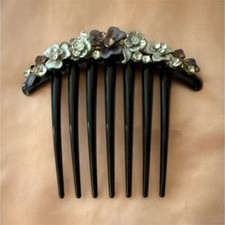 Black/Purple Plastic Floral Hair Comb w/ Rhinestone Accents for Women