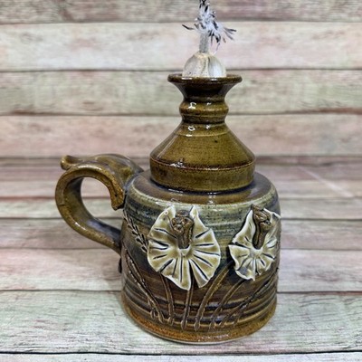 Hand Turned Pottery Oil Burning  Lamp w Applied Flower Boho Design Signed
