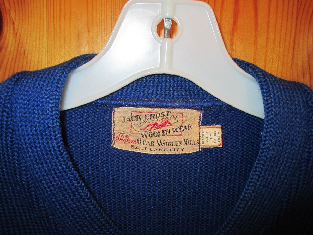Vintage Jack Frost Utah Woolen Mill Wear BLUE V NECK SWEATER Mens 