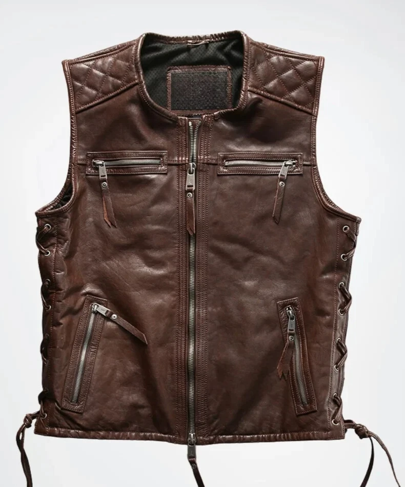 MEN'S REAL COWHIDE LEATHER BIKERS VEST WITH QUILTED PANELS & SIDE LACES VEST