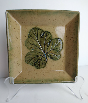 Studio Pottery Square Trinket Dish with Grape Leaf in Center Signed- SLM 2009