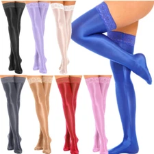 Women's Glossy Sheer Thighs High Stockings Lace Over the Knee Socks Lingerie