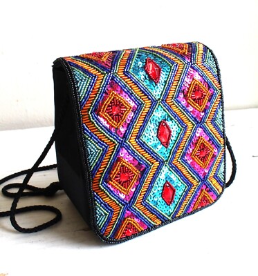 Retro Art Deco Beaded Chevron Box Evening Purse Black Satin Rainbow Sequins