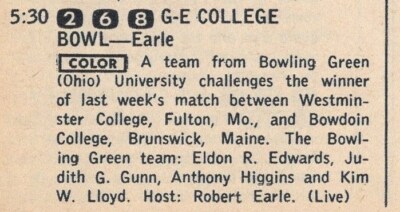1964 TV GUIDE AD/G.E. COLLEGE BOWL/BOWLING GREEN/KIM LLOYD/ANTHONY HIGGINS