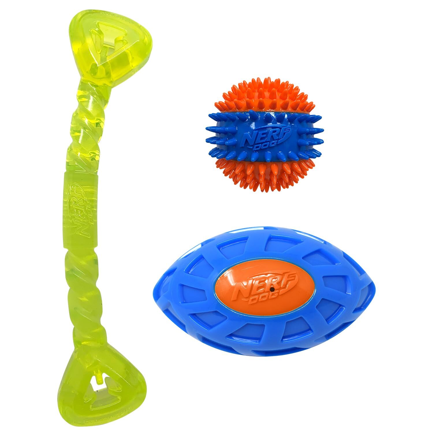 Three Toy Gift Set: Spike Squeak Ball, Treat Tug Bone, and EXO Squeak Footbal...