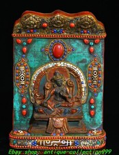8.6"Tibet Pure Bronze Painting Gilt Inlay Gem dZi Bead Green Tara Buddhist niche