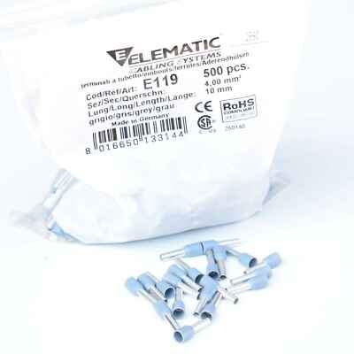 500x Elematic Ferrules Insulated Single Core 4mm² 10mm Grey Made in Germany