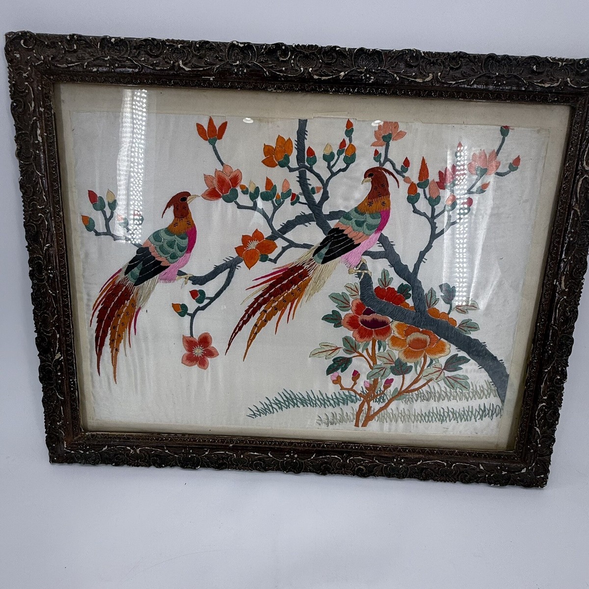Vintage Chinese Silk Hand Embroidery Framed Textile Panel BIRDS