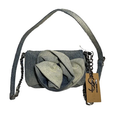 New Steve Madden BORLA Washed Denim Blue Crossbody Purse Bag 3D Rose With Charm