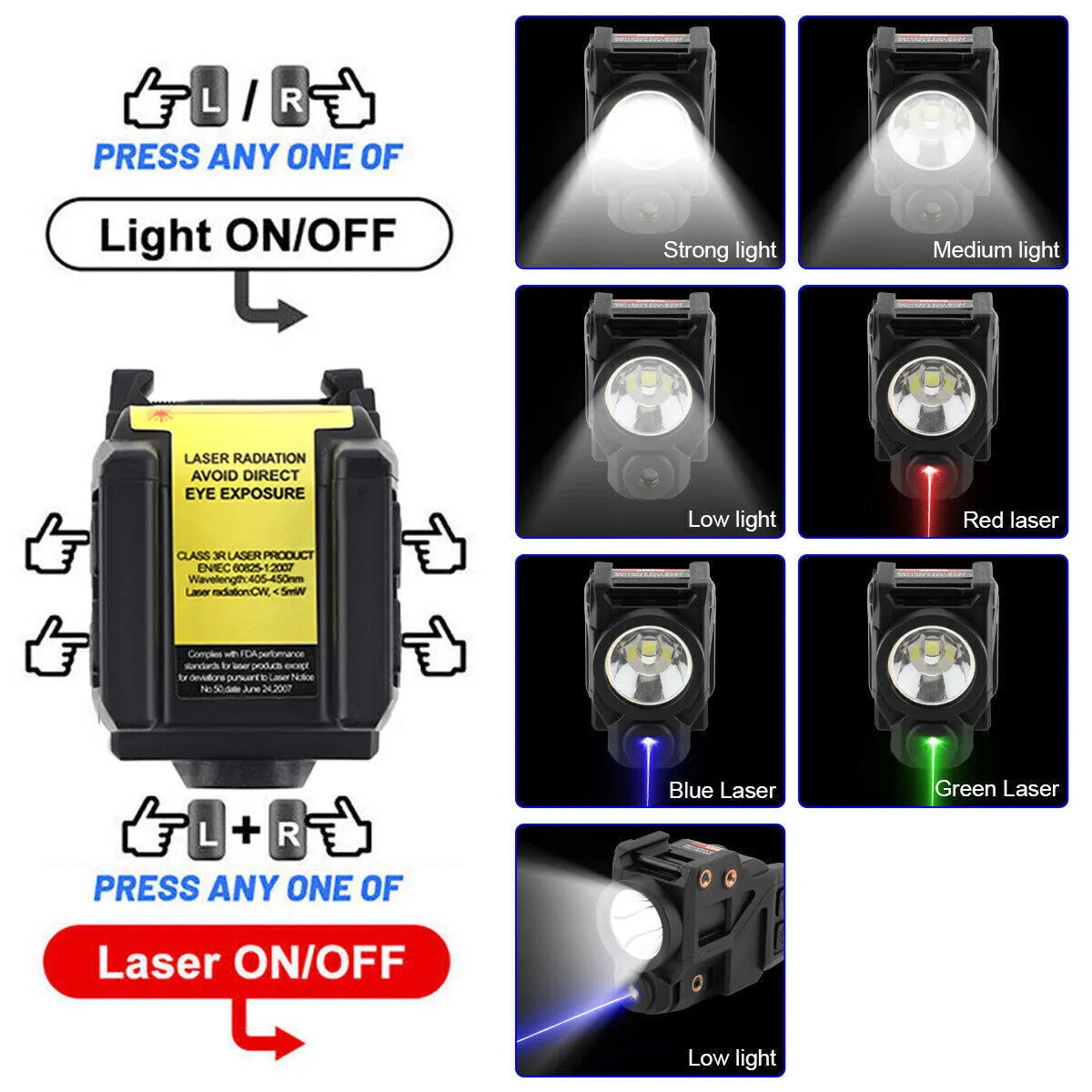 Laser Sight & Flashlight Combo For Glock, Taurus - Green/Blue/Red Laser With 500 Lumens