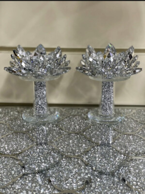 Zerkleinerter Diamant Kerzenhalter Kristallgefüllt Silber Lotus Romany 2er Set