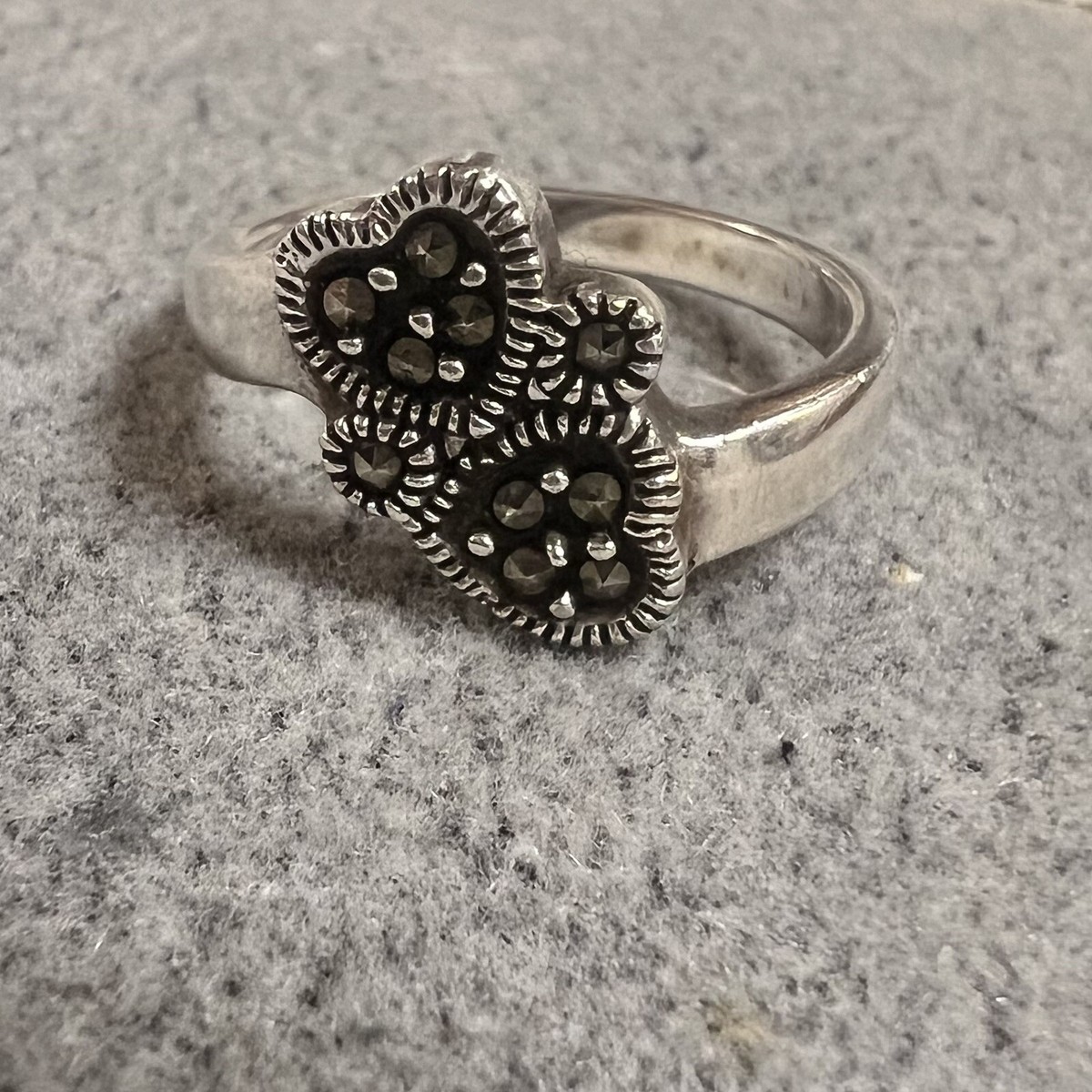 Vintage Designer Double Heart Shape Marcasite Sterling Silver Ring