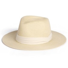 Womens Mens Wide Brim Straw Panama Hat Fedora Summer Medium-Large Beige-white