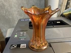 Pretty Marigold Imperial Carnival Glass Morning Glory  Miniature Vase