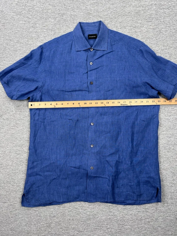Ermenegildo Zegna Shirt Mens Large Blue 100% Linen Short Sleeve Button Up Travel - Image 4 of 4