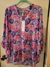 Dear Scarlett L/XL 3/4 Sleeve Floral Top Colorful Blue/Pink/Green NWT Pretty