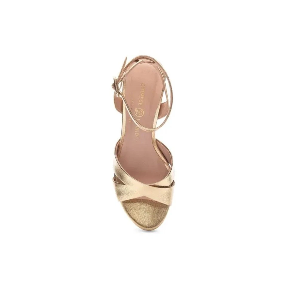 NIB Chinese Laundry Größe 8.5 Theena Metallic Gold Plateausandaletten Aus Leder - Bild 2 von 4