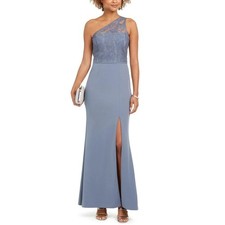 NWT Adrianna Papell One Shoulder Lace Crepe Gown Dusty Blue Women’s Size 8