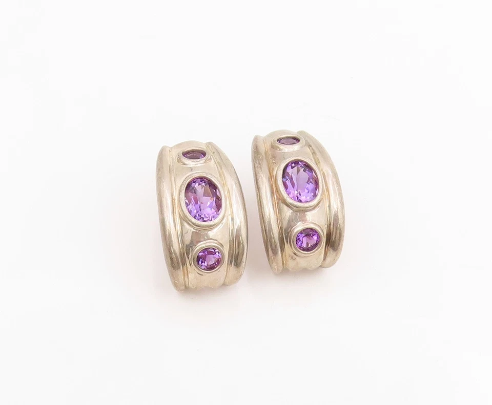 Pendientes de plata de ley 925 vintage de tres piedras amatista Omega trasero EG13915 Foto 2 de 4