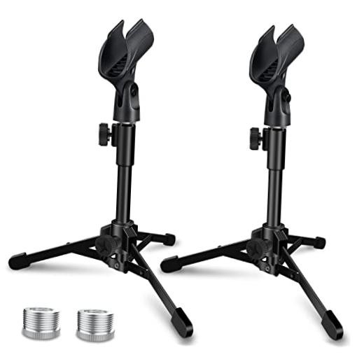 Desktop Mic Stand, Portable Foldable Tripod with Mic Clip Holder, 2 Pack