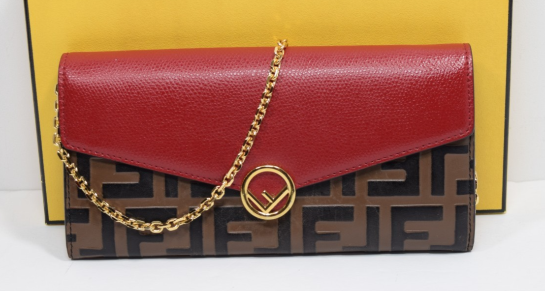Fendi FF Continental Wallet On Chain Red Leather Brown Canvas Gold