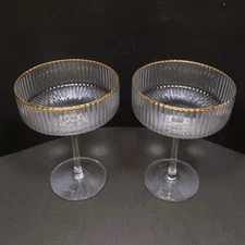 2 Viski Meridian Coupe Cocktail Glasses, Art Deco Style, Ribbed Design, Gold Rim