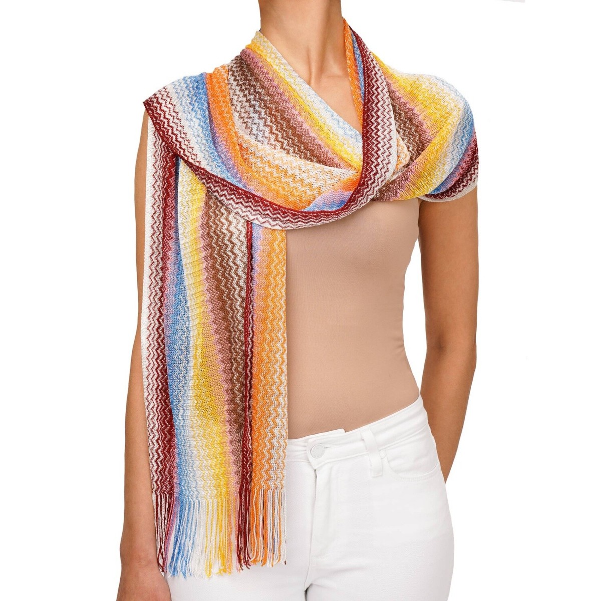 Missoni Zigzag Large Scarf Foulard Orange White Yellow Blue Red