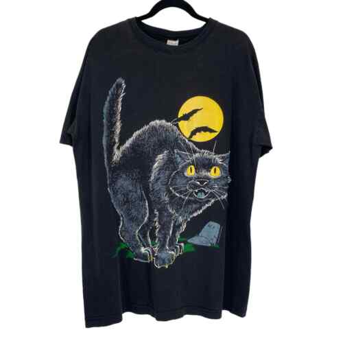 Vintage 90s Heartland Apparel Black Cat Halloween Glow in the Dark T Shirt OSFM - Afbeelding 1 van 11