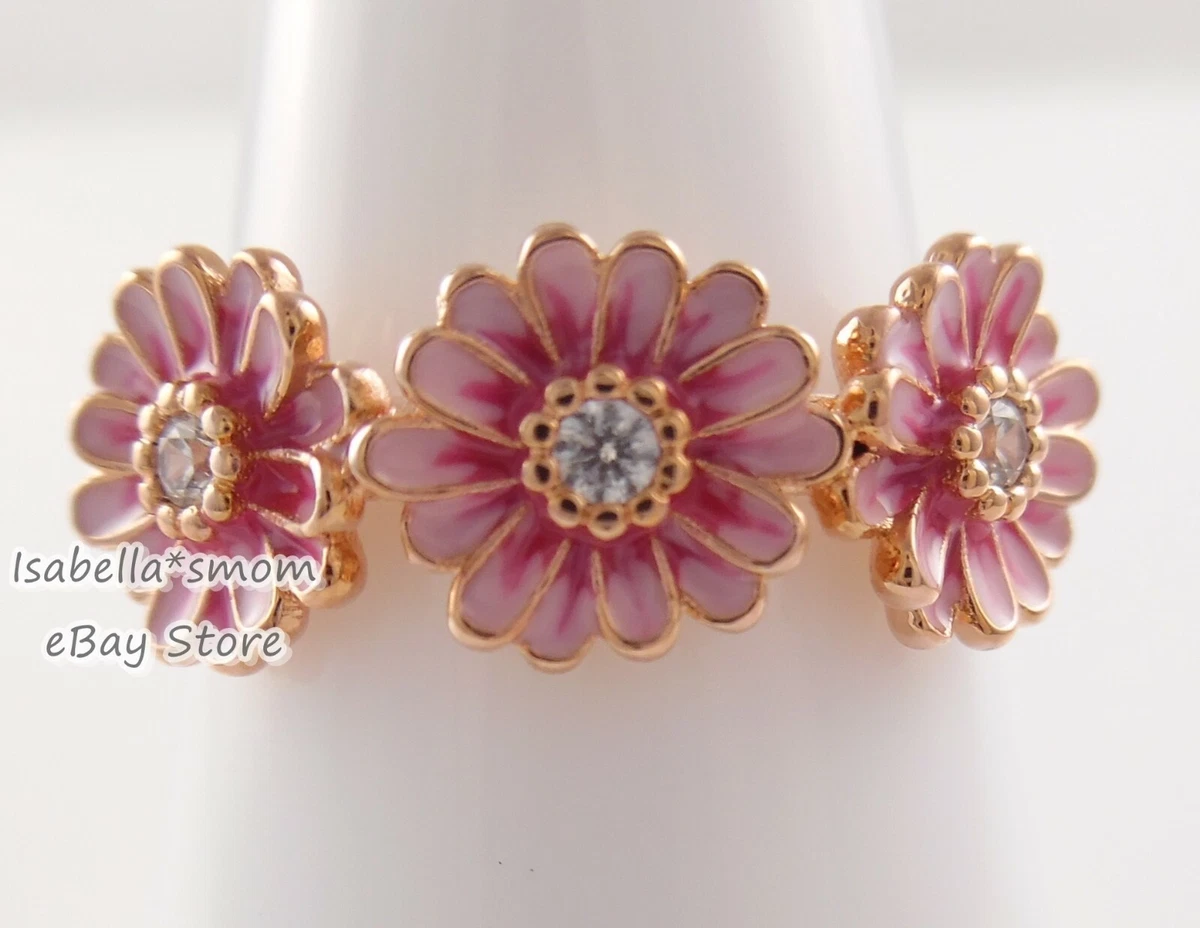 Pink Daisy Flower Trio Ring, Rose gold plated